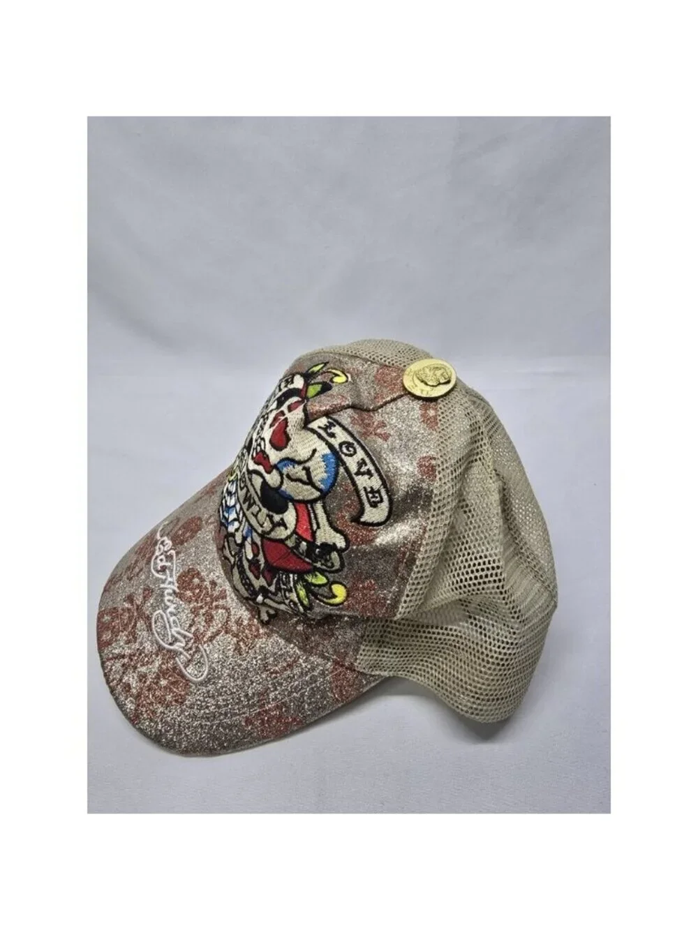 ED HARDY Snapback Trucker Hat Gold Glitter Skull Mesh Cap- Y2K STYLE- Unisex
